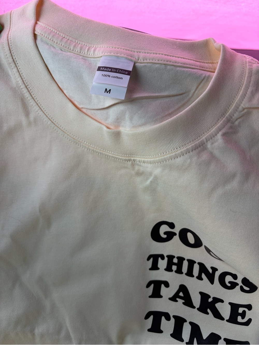 Mens Cream Graphic Tee - Good Things Take Time w/ floral design on back BNWT